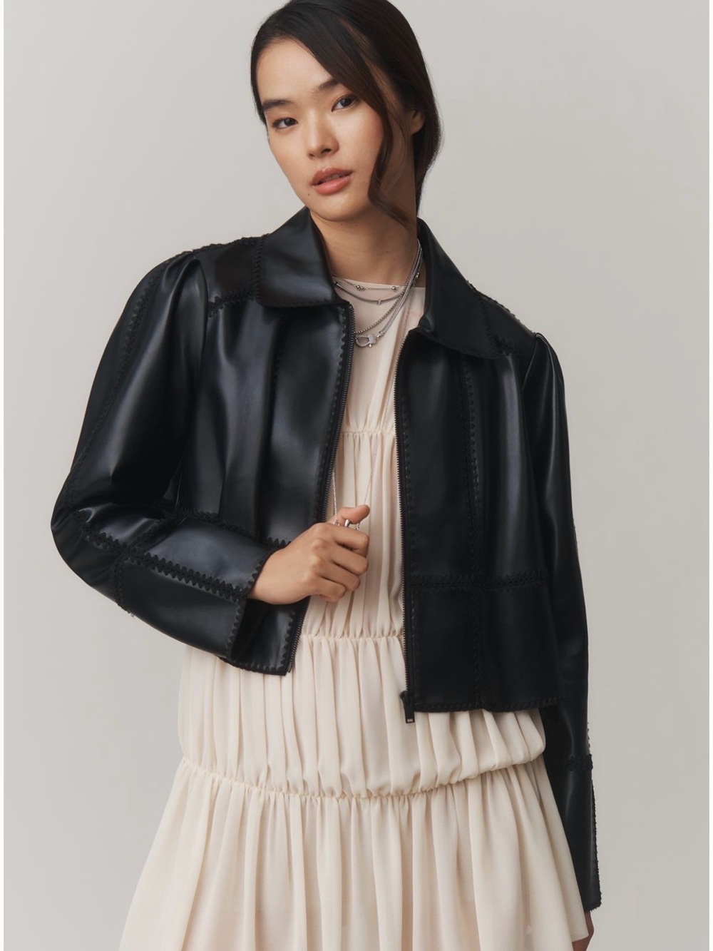 Anthropologie Freya Faux Leather Whip-Stitch Swing Jacket